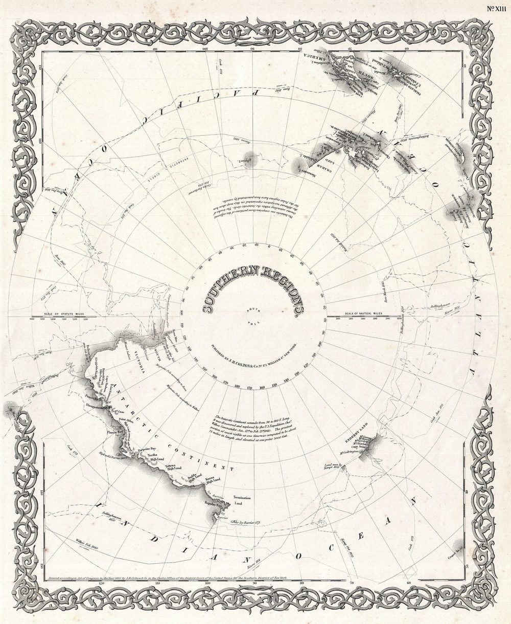 Mapa polar de l'Antàrtida (Colton, 1855) que mostra les primeres costes cartografiades després de l'expedició de Ross.