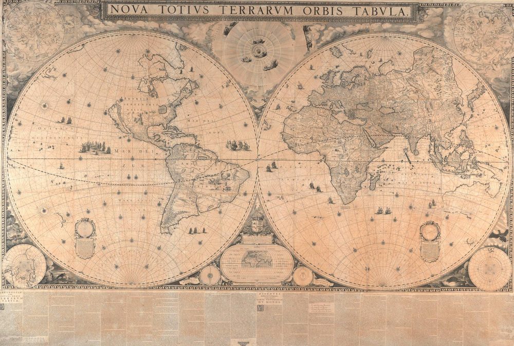 «Nova Totius Terrarum Orbis Tabula» (1648) — mapa de doble hemisferi de Joan Blaeu, símbol del segle d'or de la cartografia holandesa.