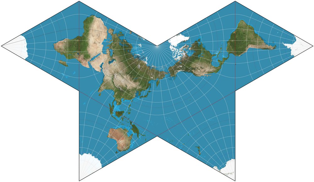 Projecció Cahill conforme amb forma de papallona, mostrant els continents sobre un fons satèl·lit.