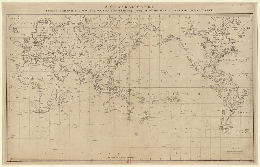 Carta general dels viatges del Capità Cook (1784) — mapa Mercator amb les tres rutes de viatges al Pacífic.