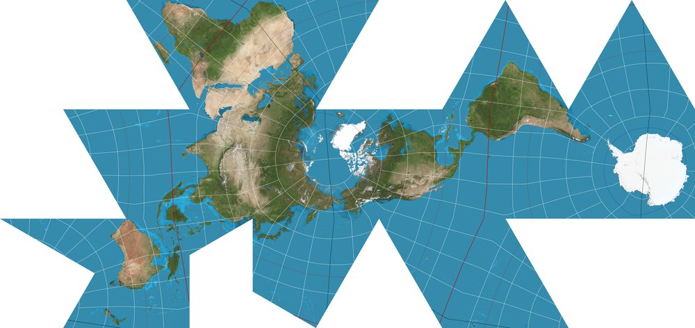 Mapa Dymaxion: icosàedre desplegat que mostra els continents com una única illa connectada.