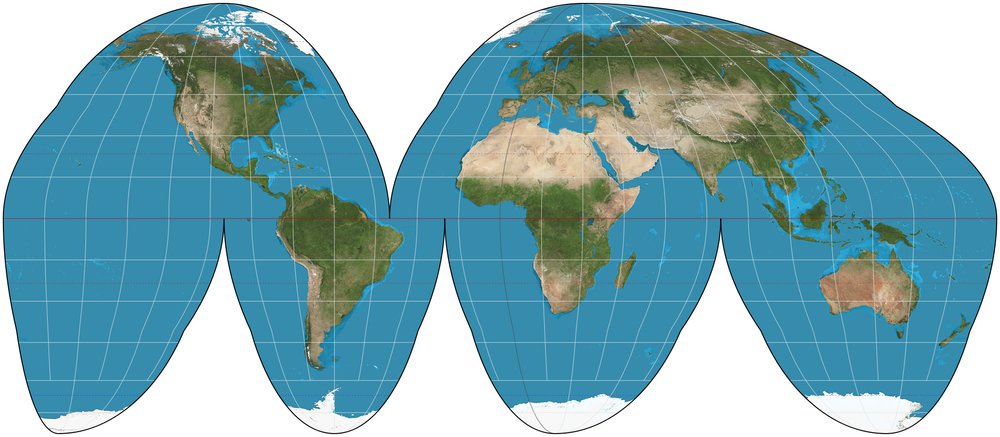 Projecció homolosina de Goode: mapa interromput amb els oceans tallats per preservar les formes dels continents.