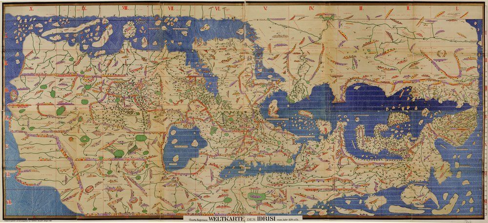 Tabula Rogeriana d'Al-Idrisi: mapa del món del segle XII orientat amb el sud a dalt.