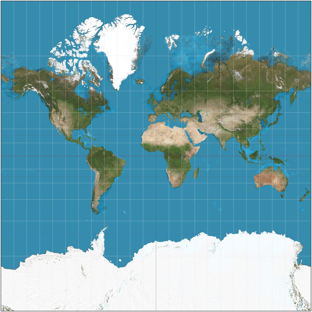 Projecció Mercator aplicada al món actual amb la textura Blue Marble de NASA.
