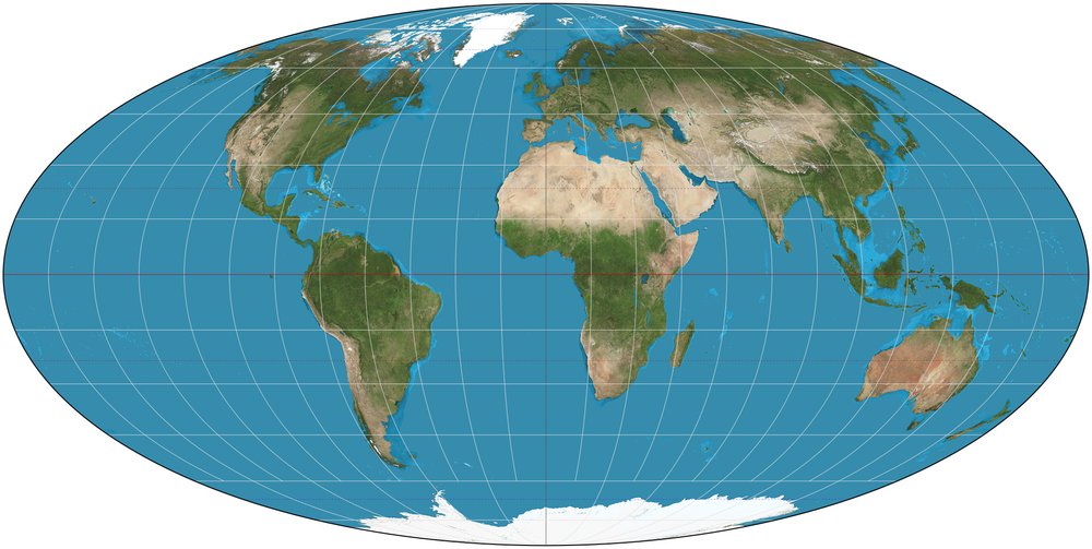Projecció Mollweide: el·líptica i equiàrea, molt utilitzada en cartografia temàtica.