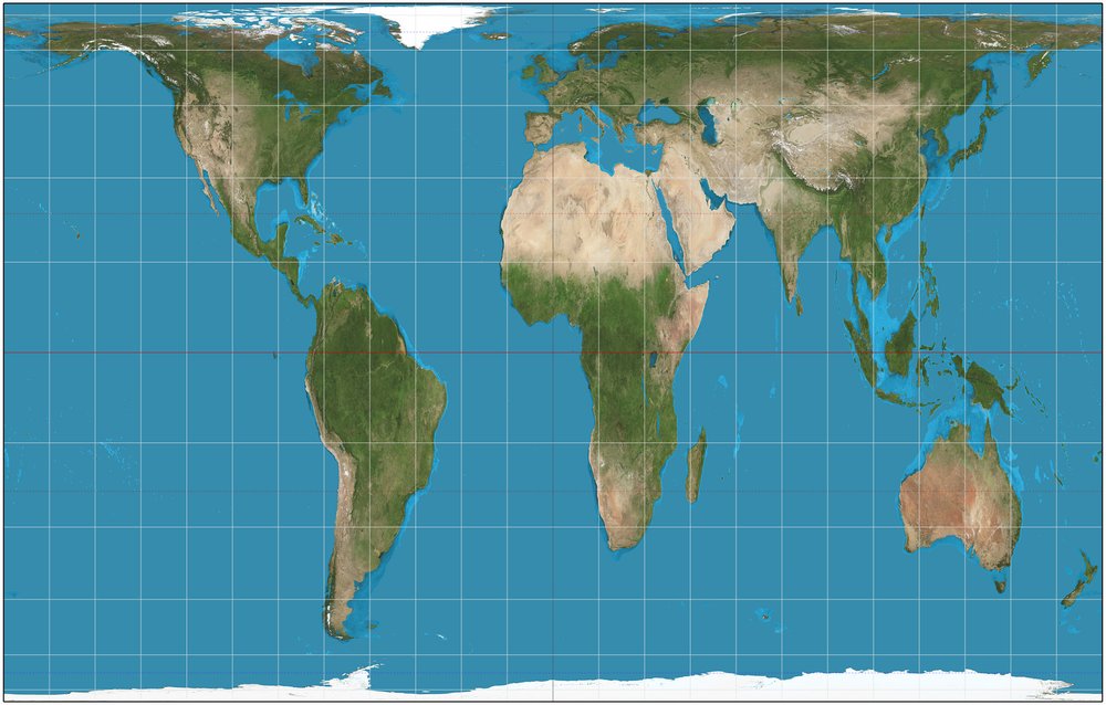 Projecció Gall-Peters: rectangular i equiàrea, amb continents allargats verticalment.