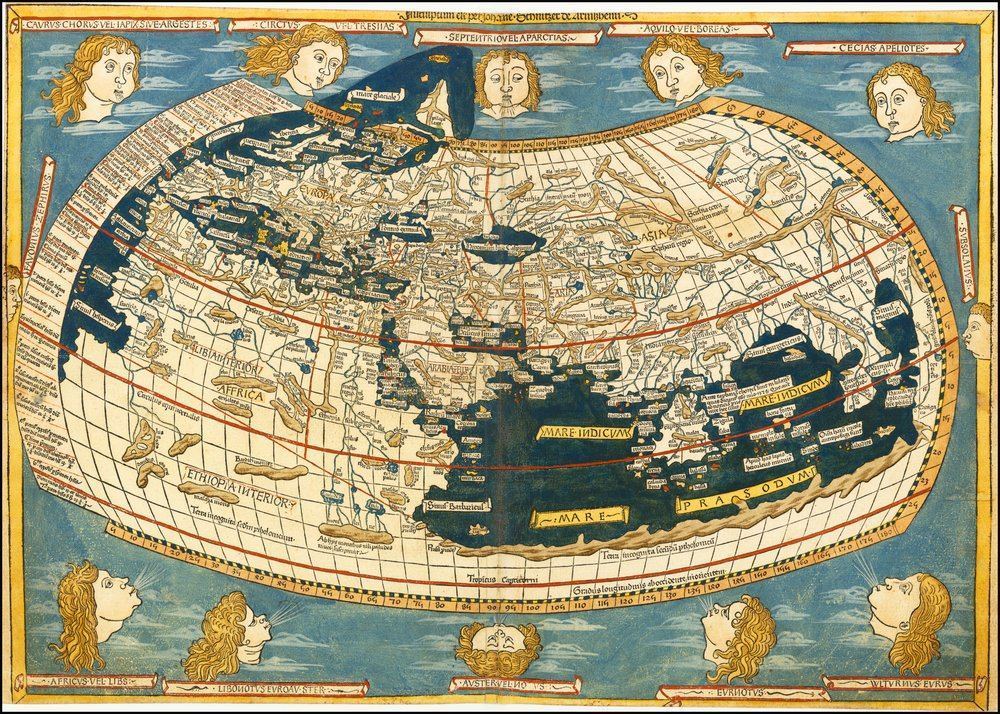 Mapa del món segons la Geographia de Ptolemeu, edició impresa a Ulm el 1482 amb caps de vent als marges.