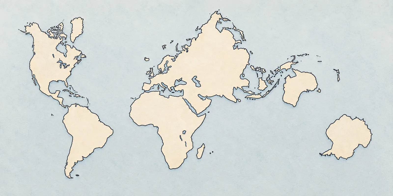 Mapa-món Mosaic-23 en estil atlas clàssic, continents en colors plans sobre mar blau.